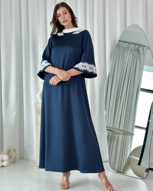 Navy Blue Kaftan with Handmade Embroidery